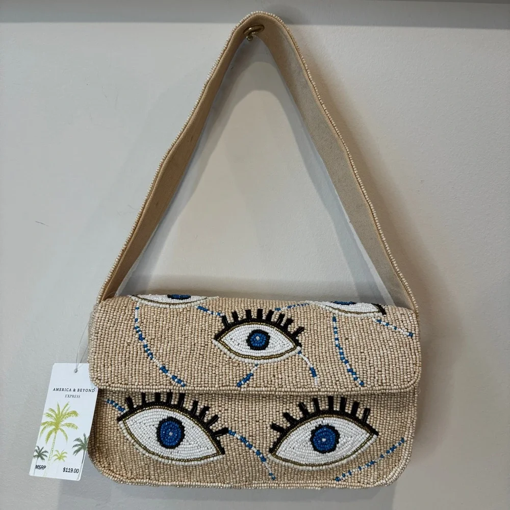 America & Beyond Cream Evil Eye Beaded Shoulder Bag Boho Vibes TikTok Viral NWT - Picture 2 of 8
